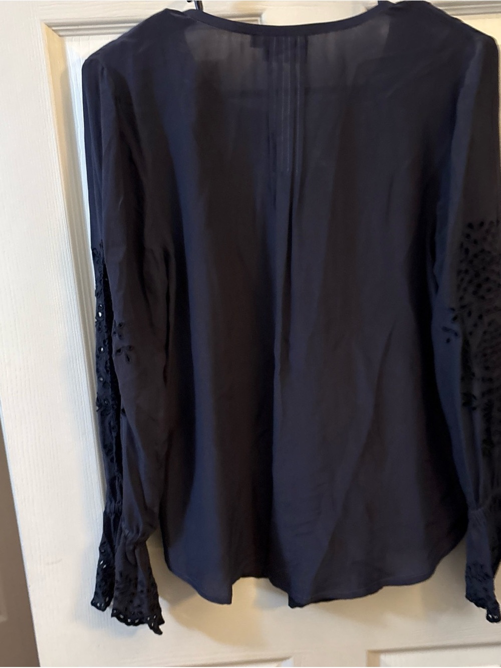 Navy Pintuck V-Neck Tunic with Lace Cuffs - Picture 5 of 5
